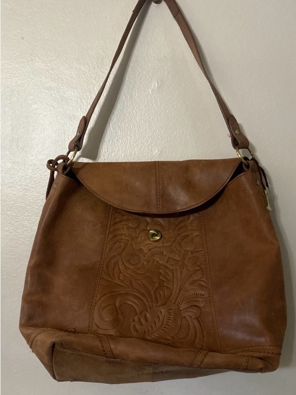 Born Tan Leather Embossed Shoulder saddle hobo Bag